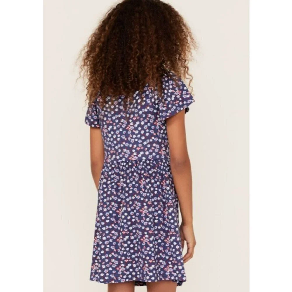 Shyanne Girl's XL Ditsy Floral Flowy Dress - Blue